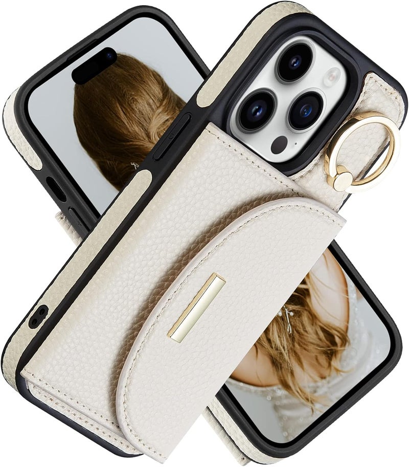 Keallce Wallet Case for iPhone 14 Pro 6.1'', Flip Case with Card Slots, Ring Holder Kickstand, PU Leather Protective Folio Cover for Women, Beige - Image 1